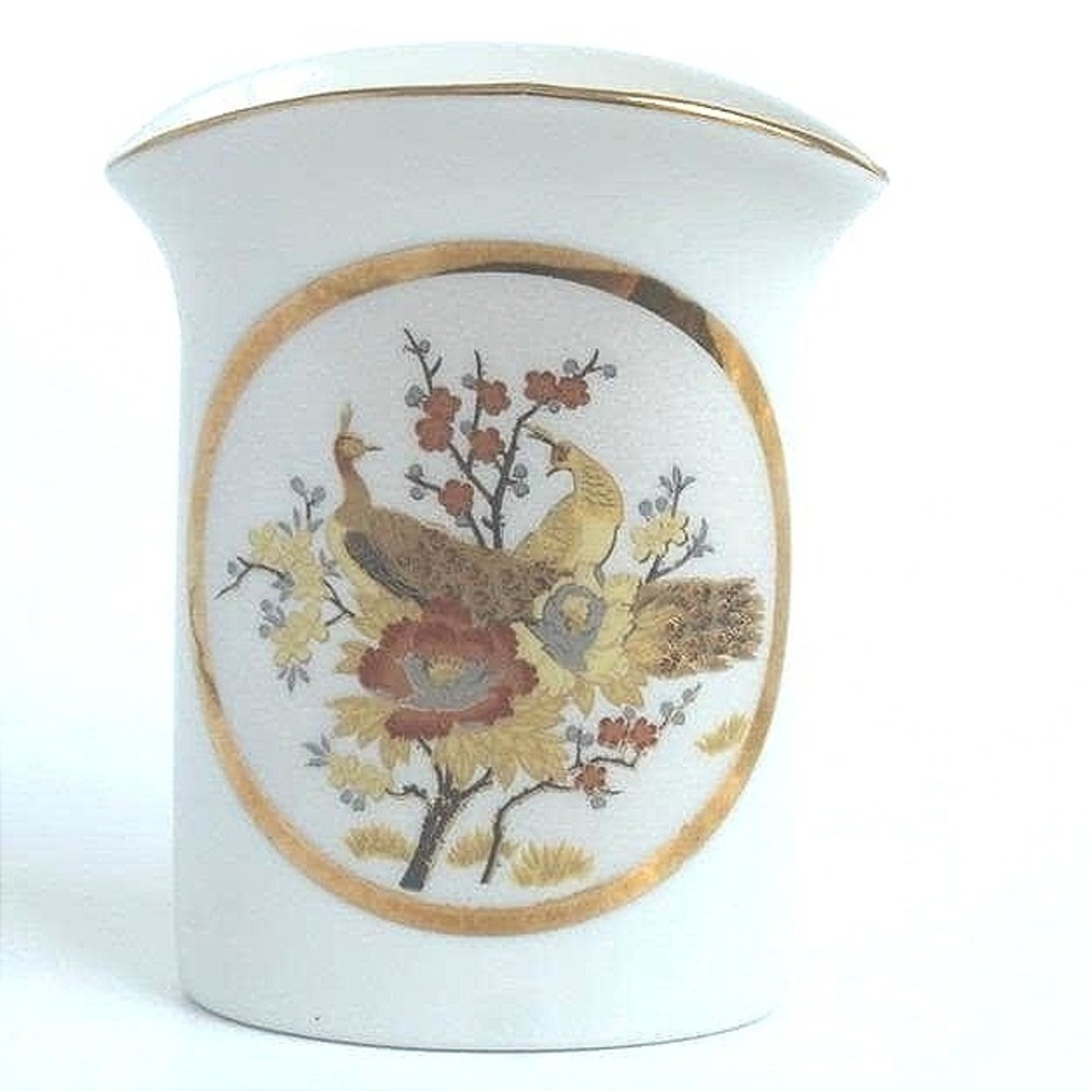 Vintage Japanese Peacock Floral Ceramic Bud Vase Gold Trim White Porcelain 4.5"